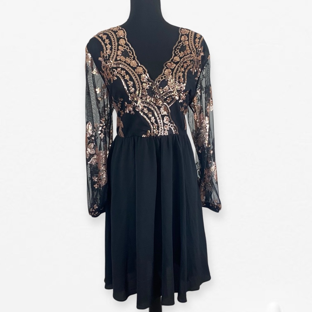 SHEIN Black flattering a-line Dress with Gold Sequin sheer long sleeves 1XL